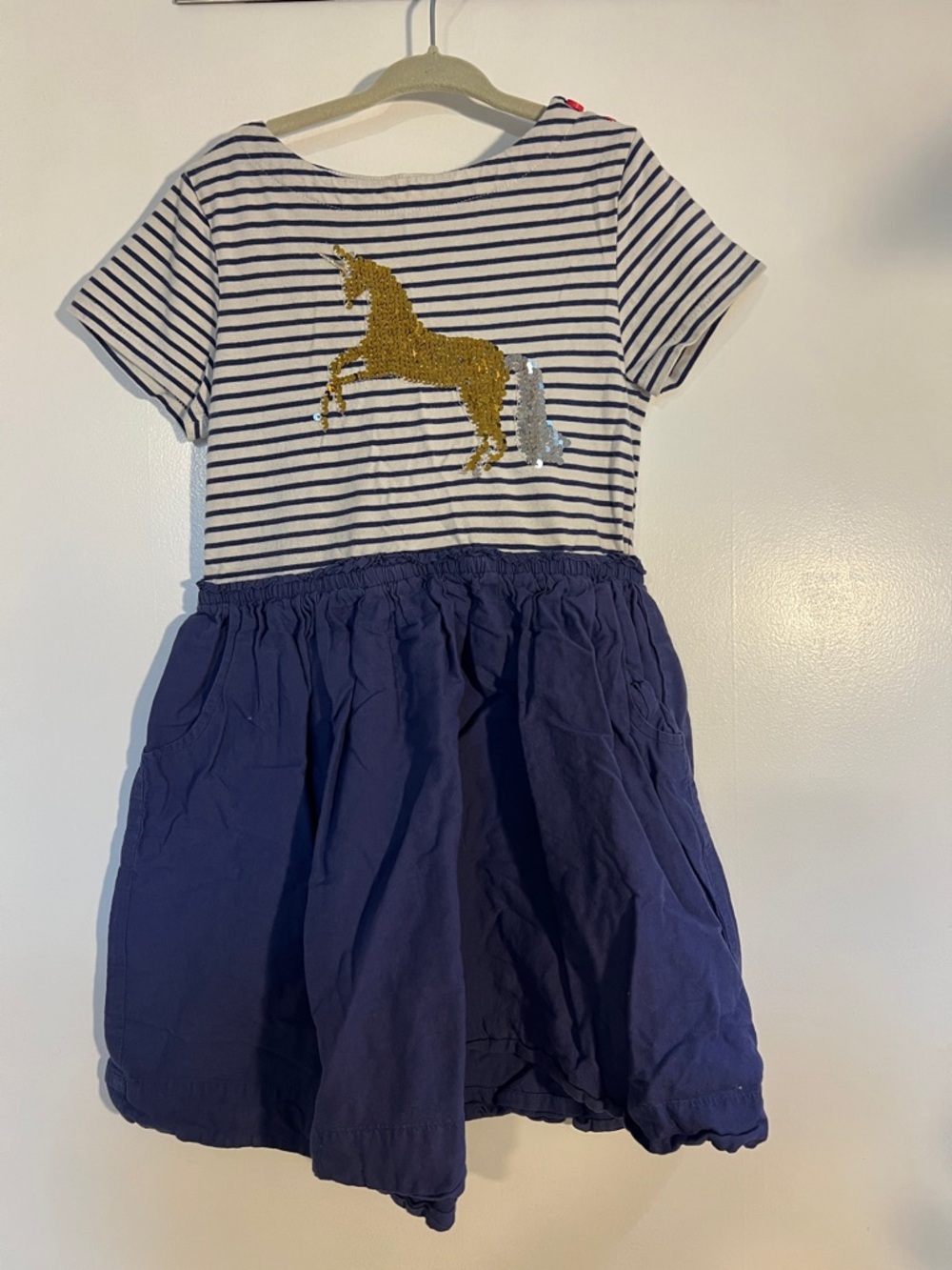 Mini Boden Navy and White Striped Tee with Pink Logo Trim